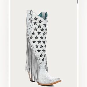 Corral White Stars Inlay Embroidery Studded Fringe Cowboy Boots Siz…